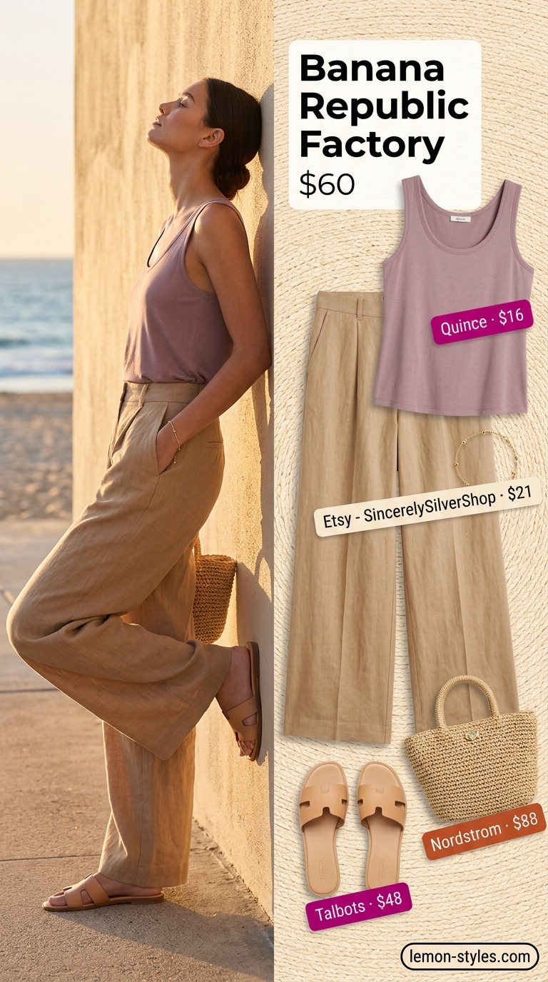 Elevated summer basic outfit for women 2026: White linen trousers, sky blue knit top, tan slides, and straw bag.