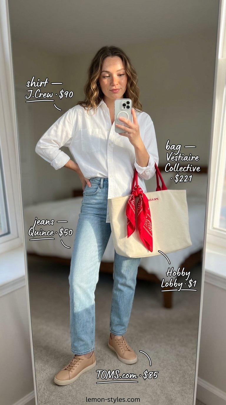 Elevated summer basic outfit for women 2026: White oversized shirt, light wash jeans, sneakers, and red bandana for a cool weekend look.