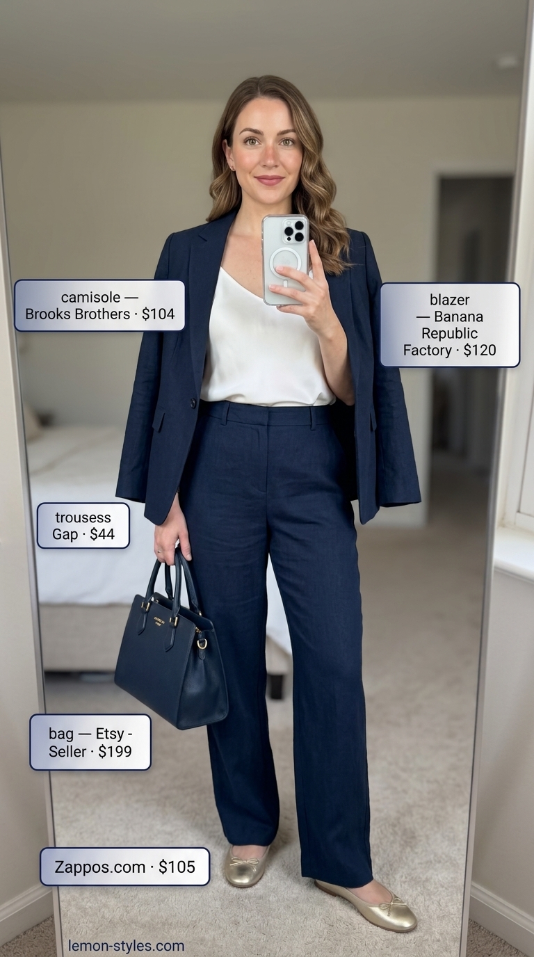 Elevated summer basic outfit for women 2026: White linen trousers, navy blazer, silk cami, and loafers for business casual.