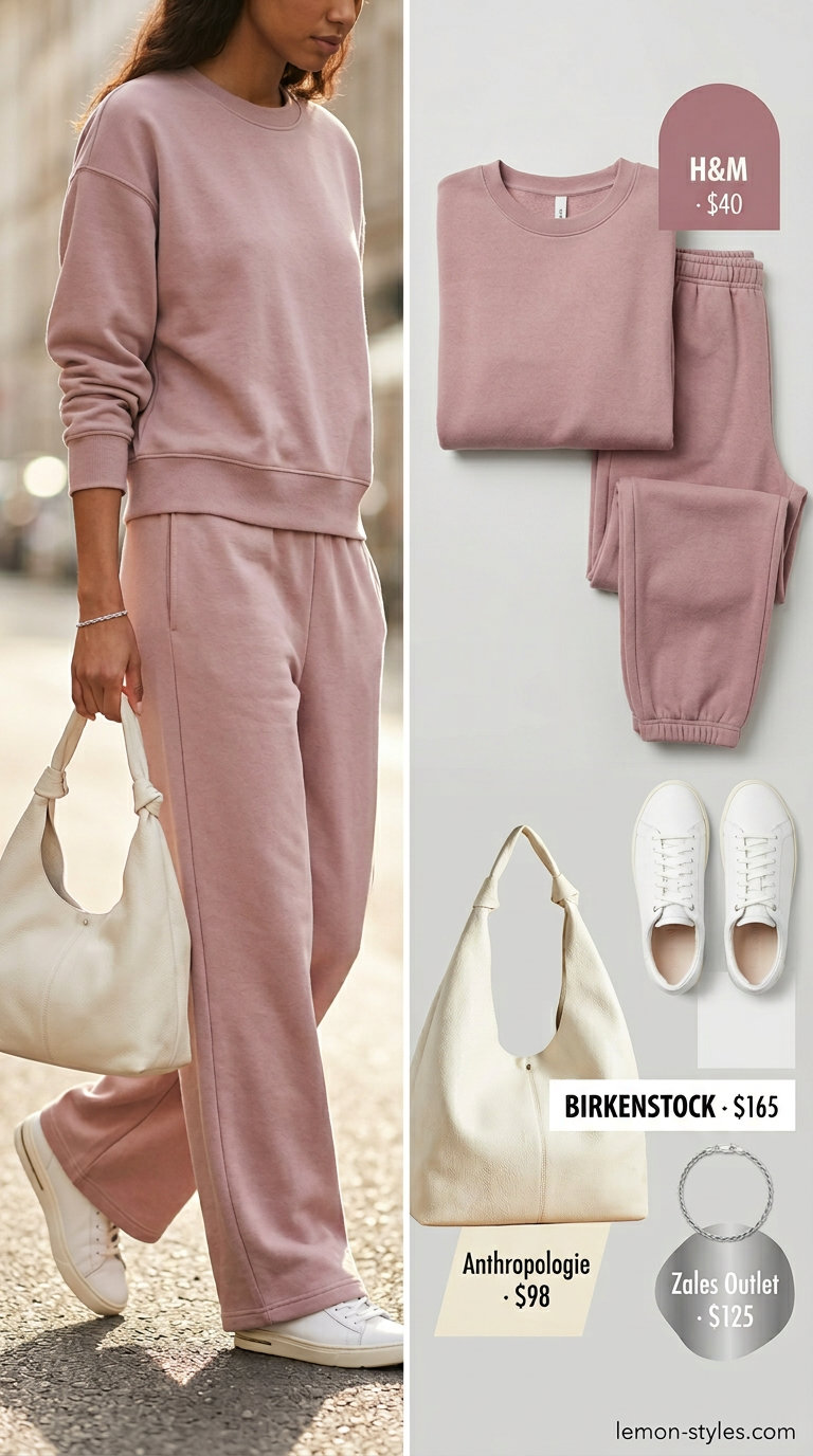 Casual Knit Co-ord 2026 Blush pink knit matching set outfit for women 2026: wide-leg pants, sneakers, shoulder bag.