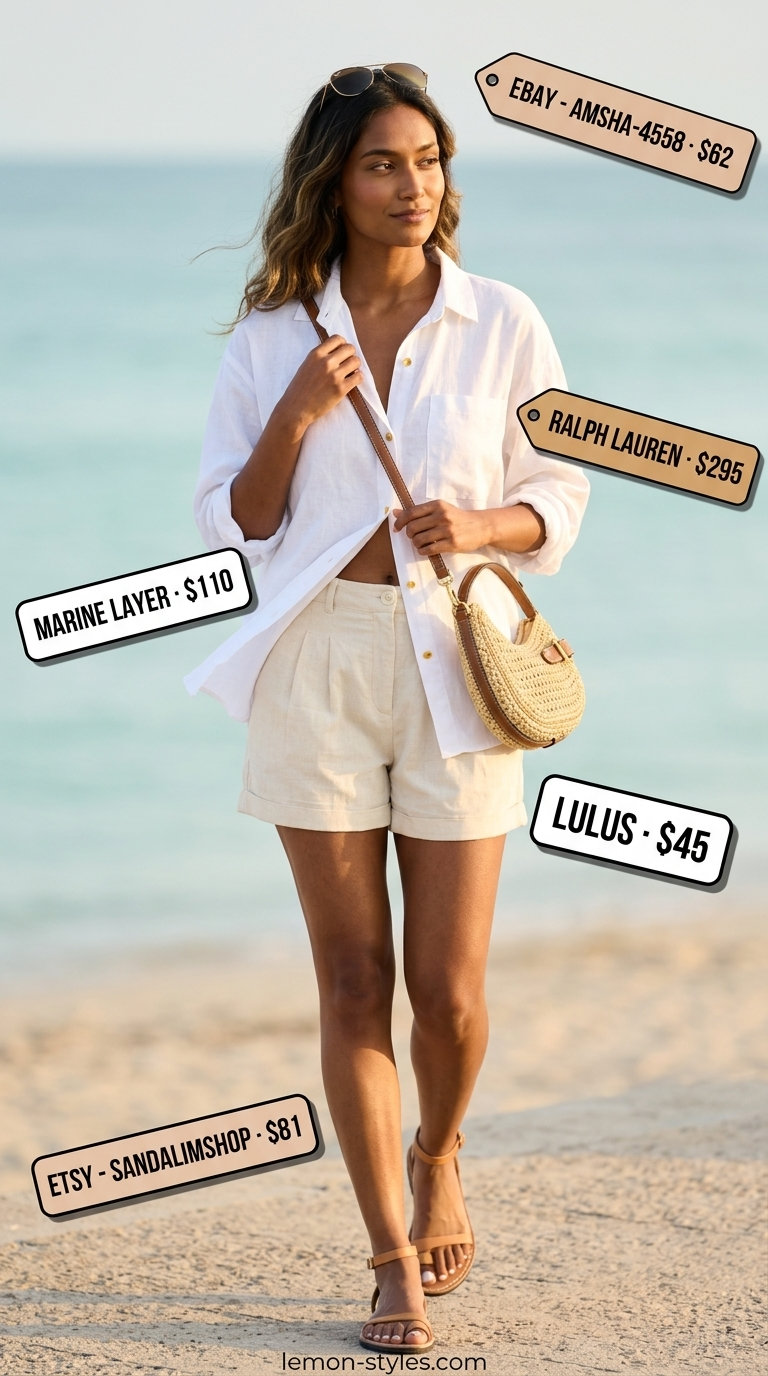 Breezy Brunch Outfits for Women 2026 Relaxed breezy brunch outfit for women 2026. Beige linen shorts, white linen shirt, straw bag, sunglasses.