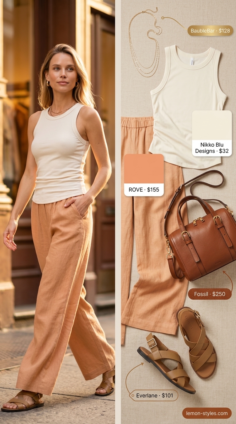 Linen Pants Outfits 2026 Every day summer outfits for women 2026: Camel linen pants with cream tank, gold jewelry & tan sandals.