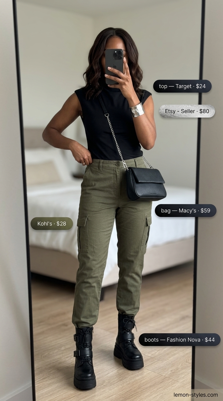 Elevated Cargo Cool Outfit 2026 Olive green cargo pants outfit for women 2026: combat boots, mock neck top, crossbody bag.