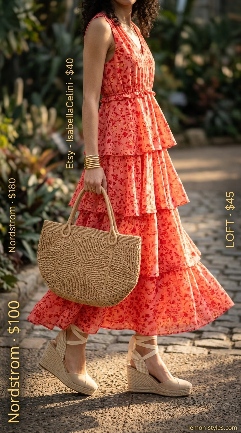 Maxi Dress Outfits 2026 Every day summer outfits for women 2026: Coral floral maxi dress with espadrilles, straw bag & bangles.