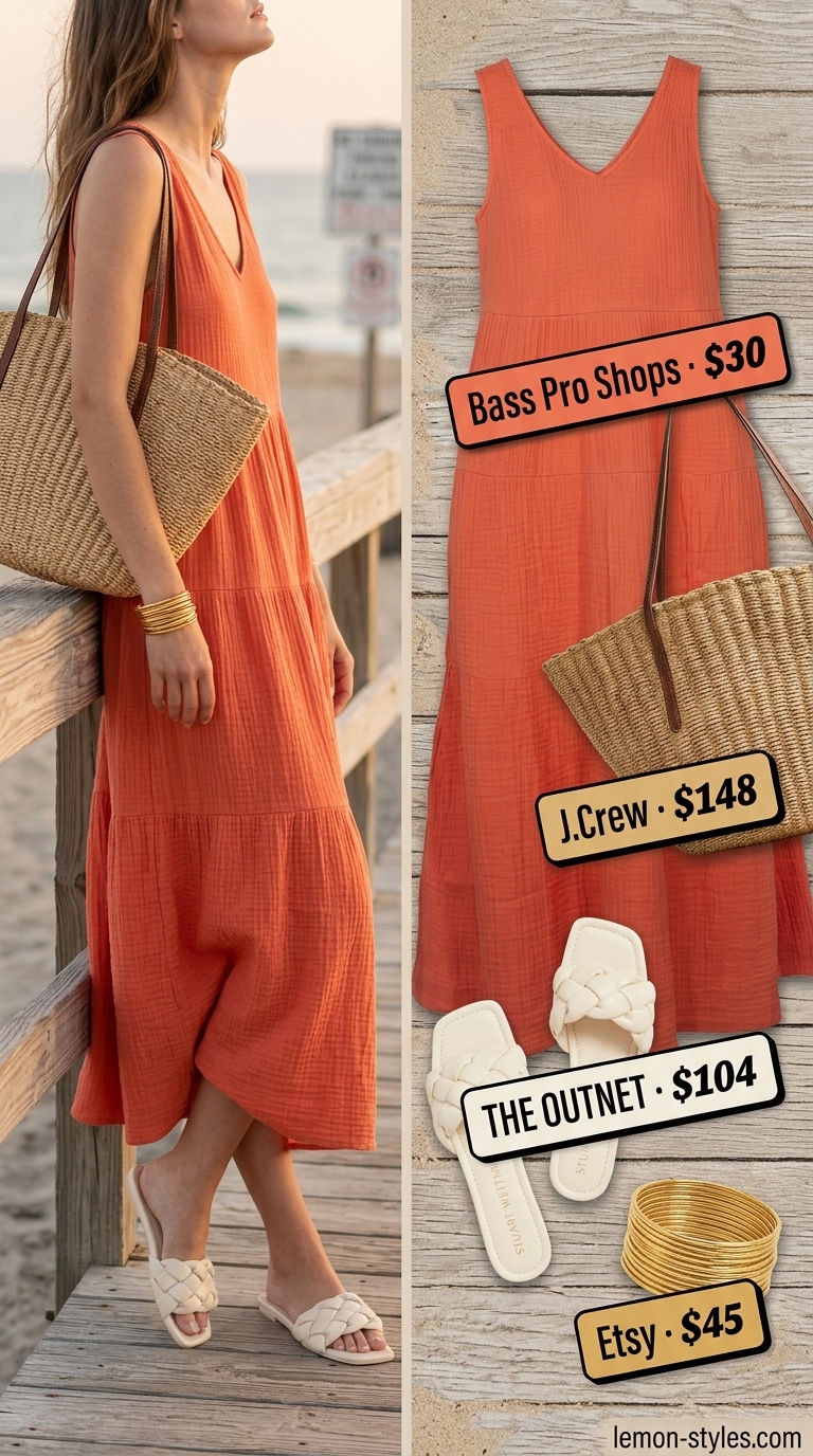 Maxi Dress Outfits 2026 Every day summer outfits for women 2026: Coral maxi dress with leather slides, straw bag & bangles.