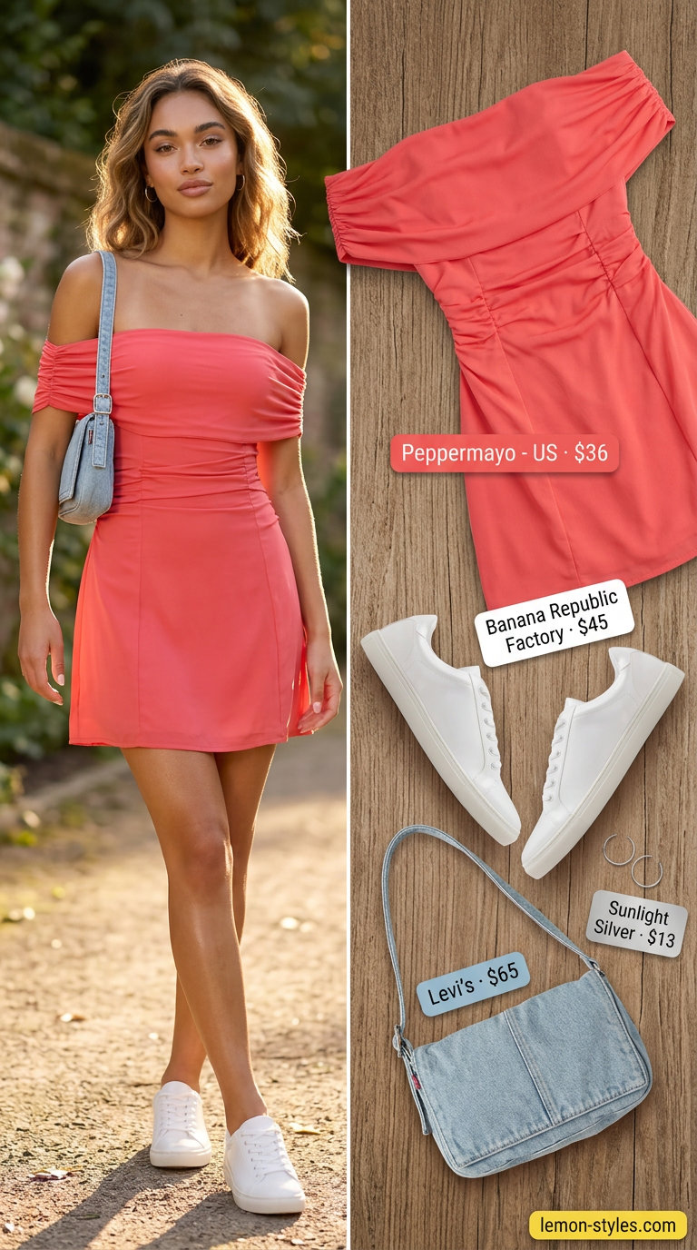 Sunny Day Shift Dress 2026 Coral shift dress outfit for women 2026: white sneakers, denim crossbody, silver hoops.