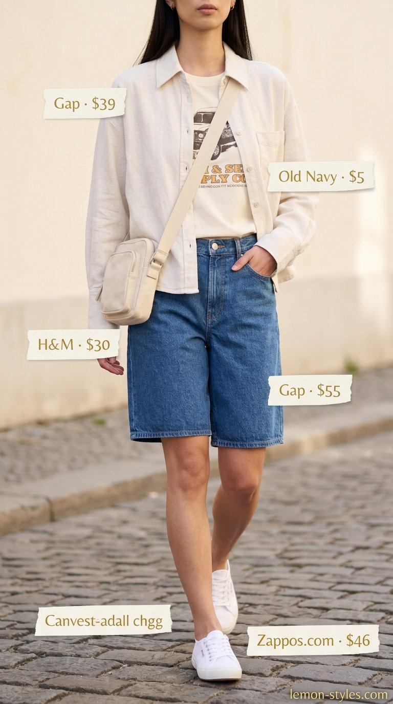 Casual Shorts Outfits 2026 Every day summer outfits for women 2026: Denim shorts with graphic tee, linen shirt, sneakers & beige bag.