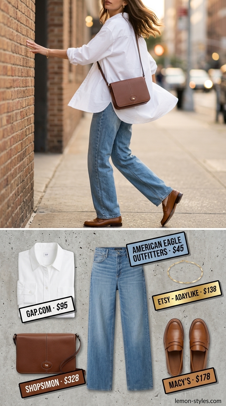 Farmers Market Chic Outfits for Women 2026 Classic weekend farmers market outfit for women 2026. Light wash wide-leg jeans, white oversized shirt, loafers.