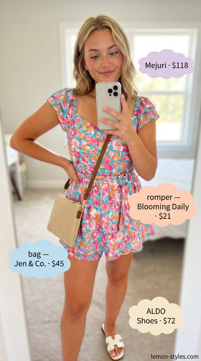 Playful Romper Outfit 2026 Blue floral romper outfit for women 2026: short sleeves, tie waist, straw bag, white slides.