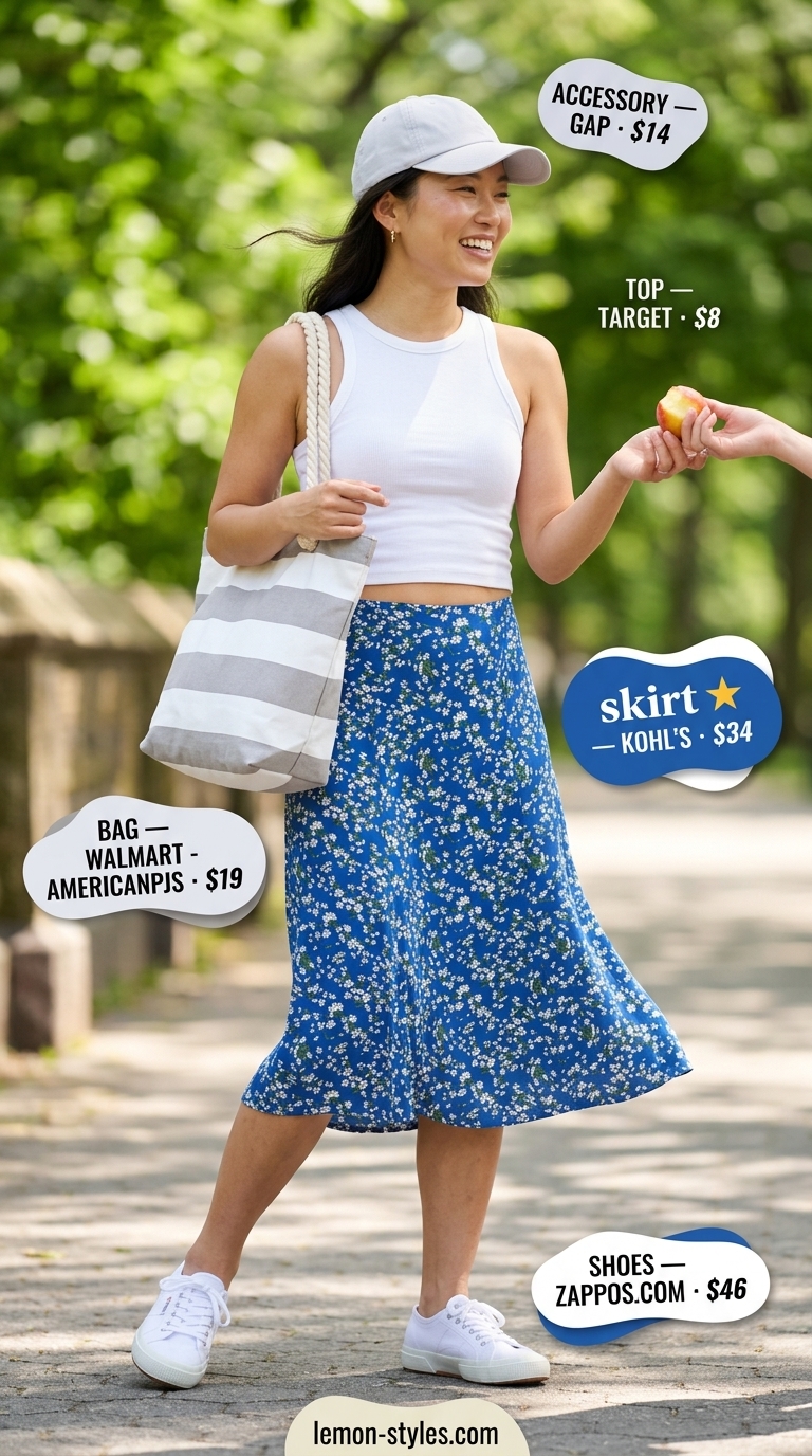 Picnic Perfect Outfits 2026 Every day summer outfits for women 2026: Blue floral midi skirt with white tank, sneakers, and grey cap.