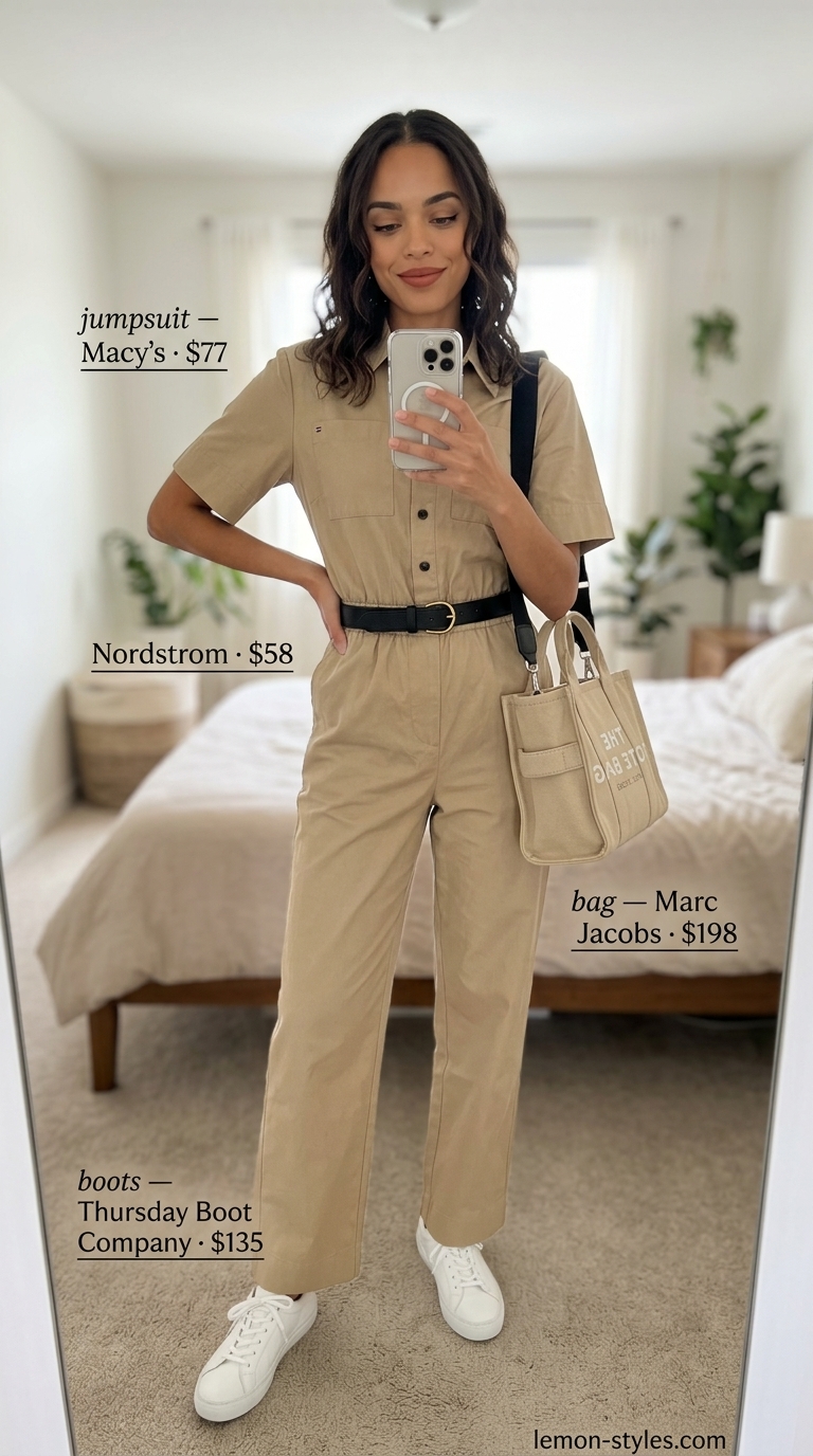 Modern Utility Jumpsuit 2026 Khaki utility jumpsuit outfit for women 2026: white sneakers, canvas tote, black belt.