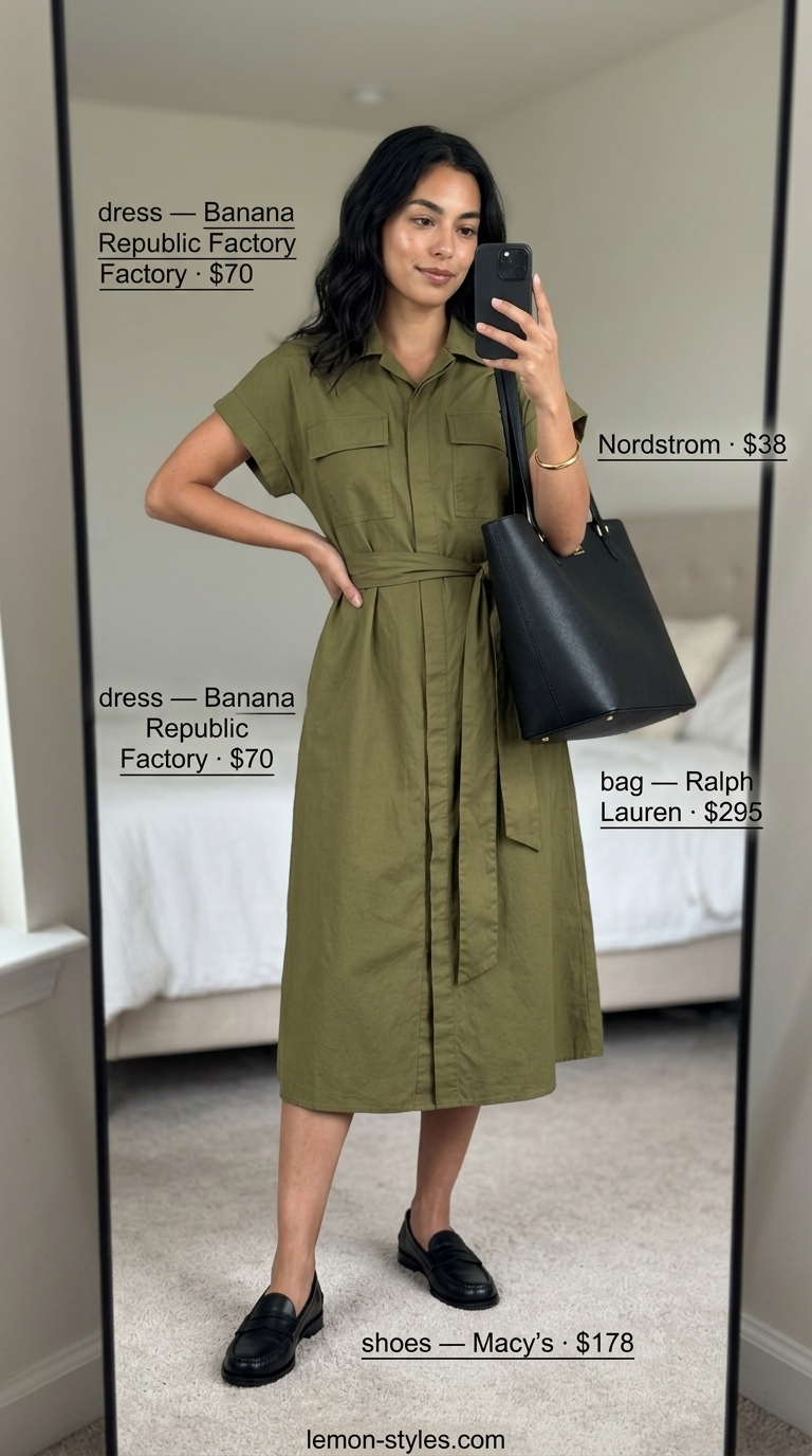 Chic Shirt Dress Outfit 2026 Olive green shirt dress outfit for women 2026: midi dress, black loafers, gold bracelet, tote bag.