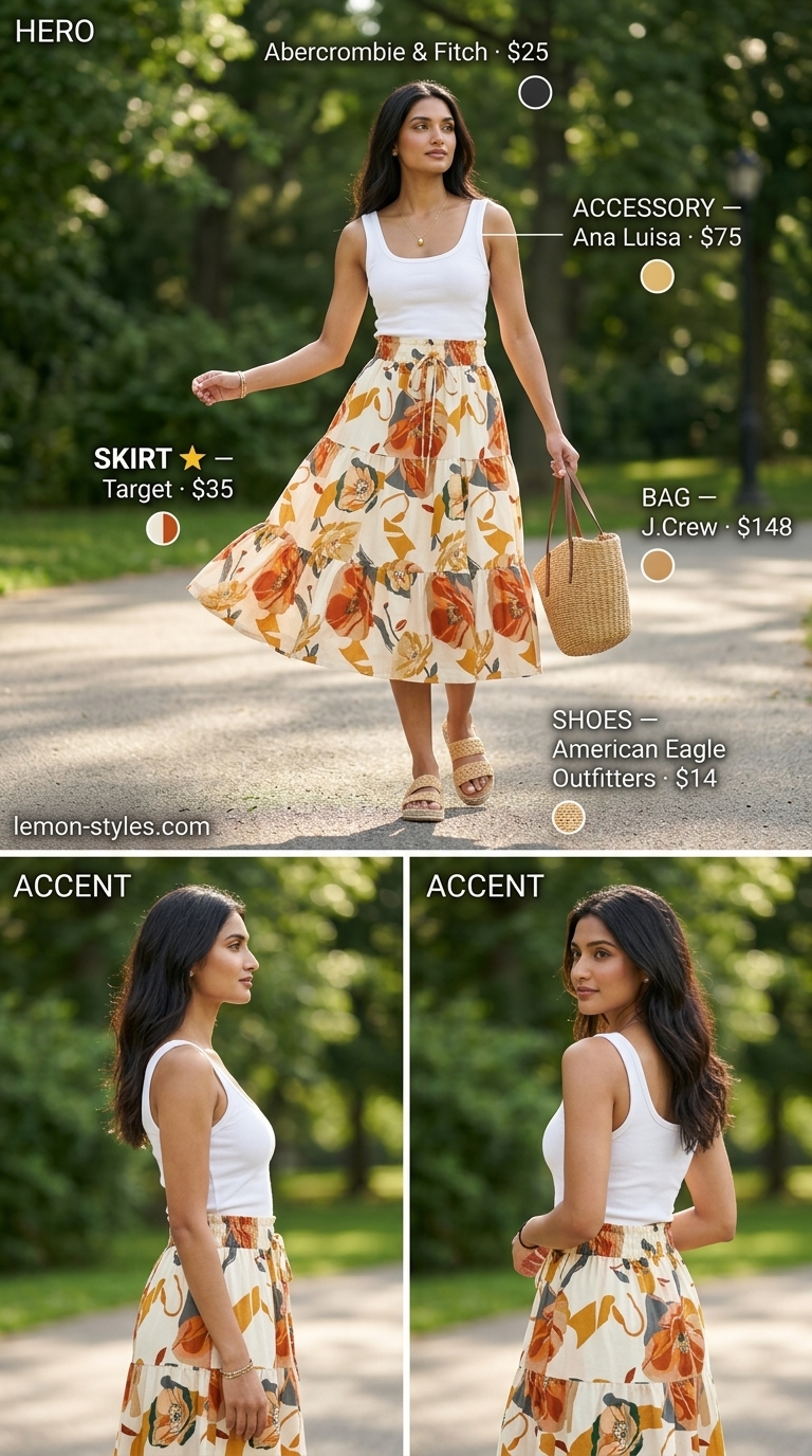 Park Picnic Midi Skirt Outfits for Women 2026 Feminine park picnic midi skirt outfit for women 2026. Floral print skirt, black tank top, espadrille slides.