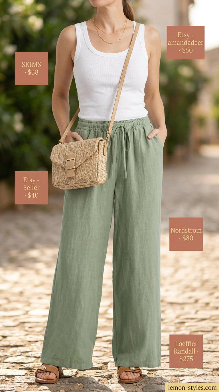 Linen Pants Outfits 2026 Every day summer outfits for women 2026: Sage green linen pants with cream tank, tan sandals & straw bag.