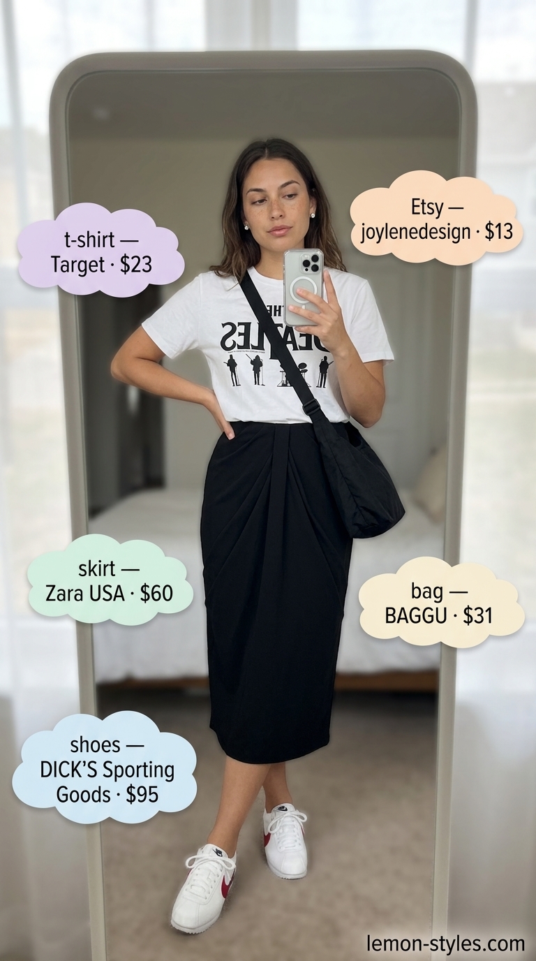 Sporty Chic Skirt Outfits for Women 2026 Sporty chic black pleated midi skirt outfit for women 2026. White graphic tee, retro sneakers, crossbody bag.