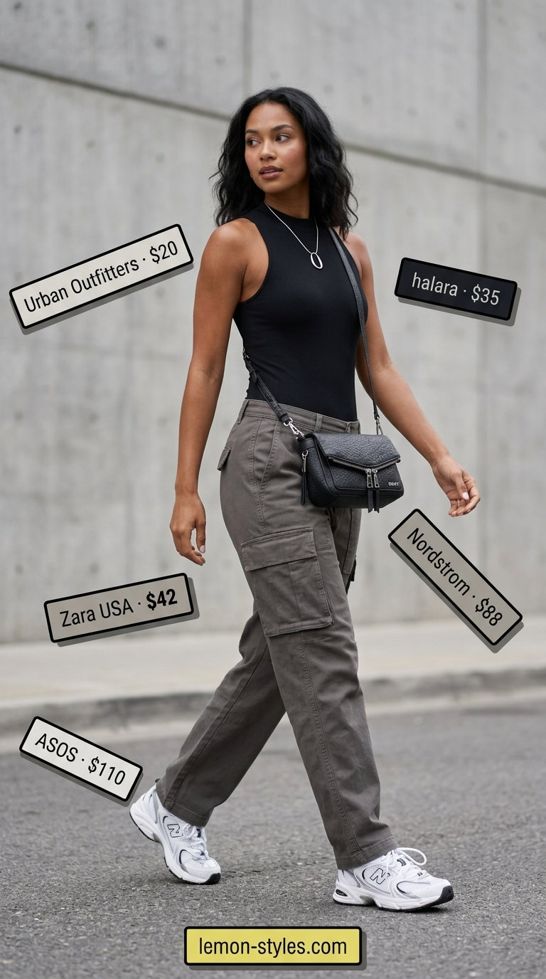 Elevated Cargo Cool Outfit 2026 Stone grey cargo pants outfit for women 2026: mock neck bodysuit, dad sneakers, crossbody bag.