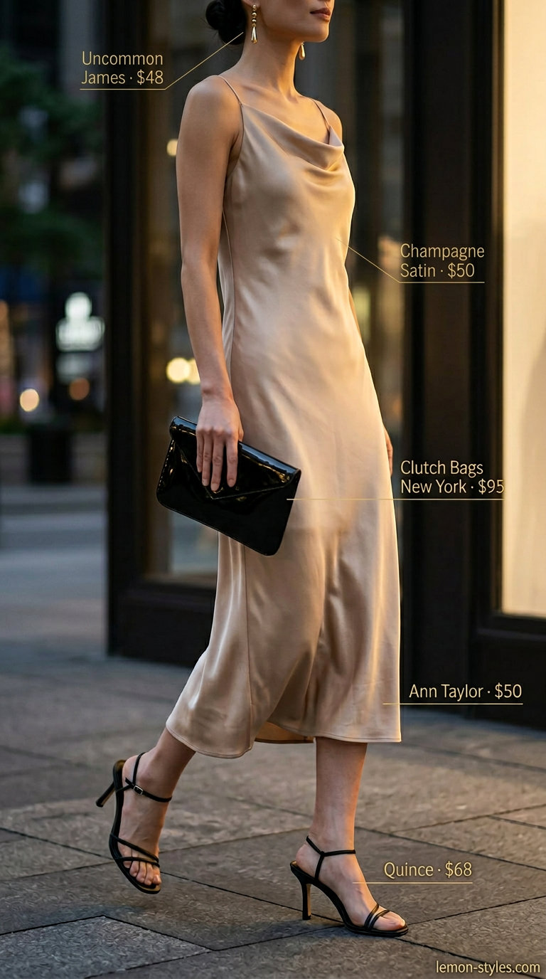 Summer Evening Elegance Outfits for Women 2026 Glamorous summer evening elegance outfit for women 2026. Champagne slip dress, black strappy heels, gold earrings.