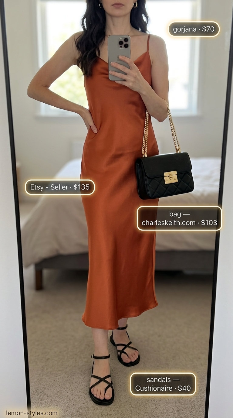 Sunset Glow Slip Dress Outfits for Women 2026 Elegant sunset glow slip dress outfit for women 2026. Burnt orange satin midi dress, black sandals, gold hoops.