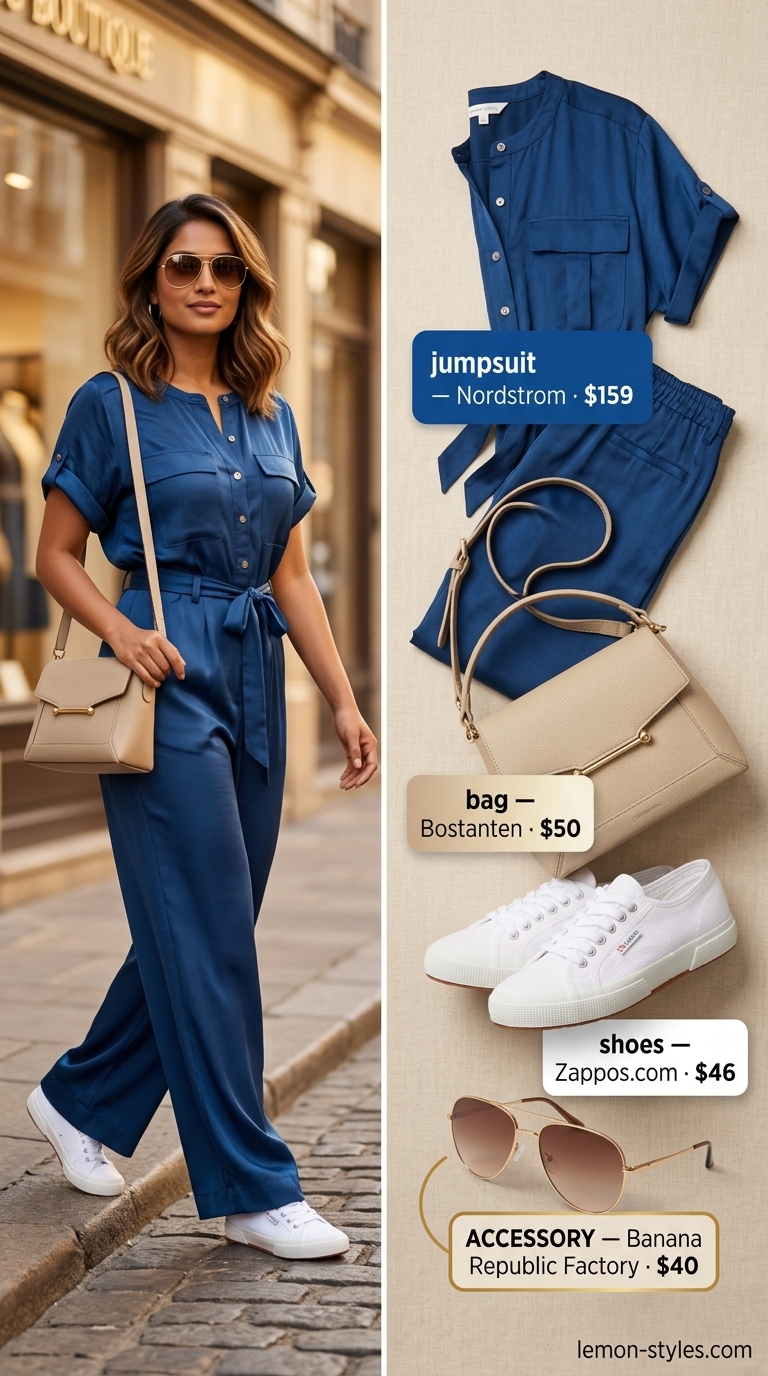 Weekend Getaway Jumpsuit Outfits for Women 2026 Comfortable chic weekend getaway jumpsuit outfit for women 2026. Navy wide-leg jumpsuit, white sneakers, crossbody bag.