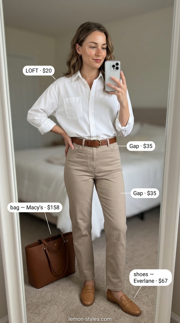 Classic Button-Down Outfit 2026 White button-down shirt outfit for women 2026: beige chinos, leather loafers, structured tote.