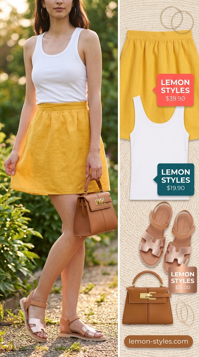 Garden Party Outfits 2026 Every day summer outfits for women 2026: Yellow linen mini skirt with white tank, tan sandals & gold earrings.