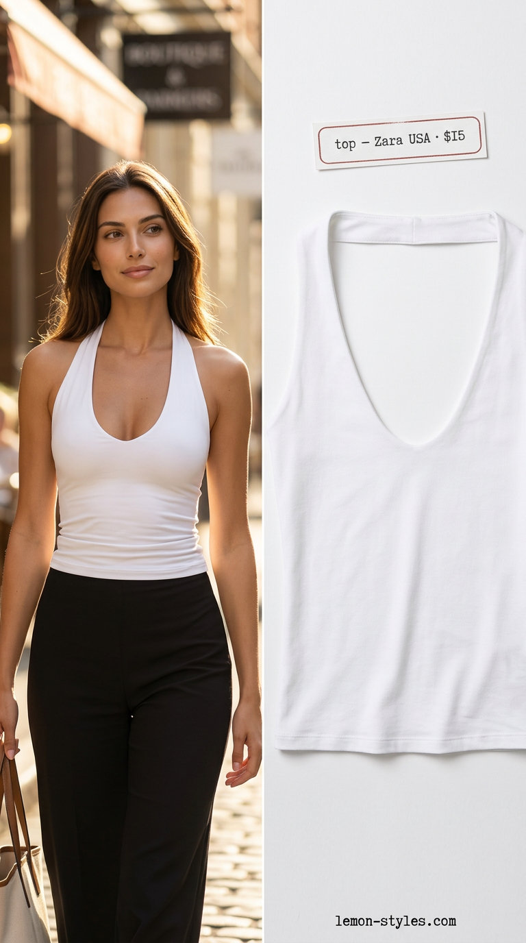 Feminine coquette summer outfit 2026: Sky blue linen pants, white cami, beige sandals for a casual day out.