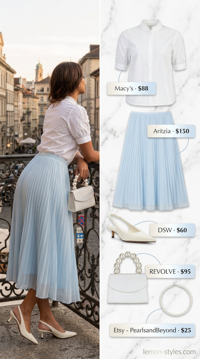 Feminine coquette summer outfits 2026: Baby blue midi skirt, white blouse, and pearl necklace.