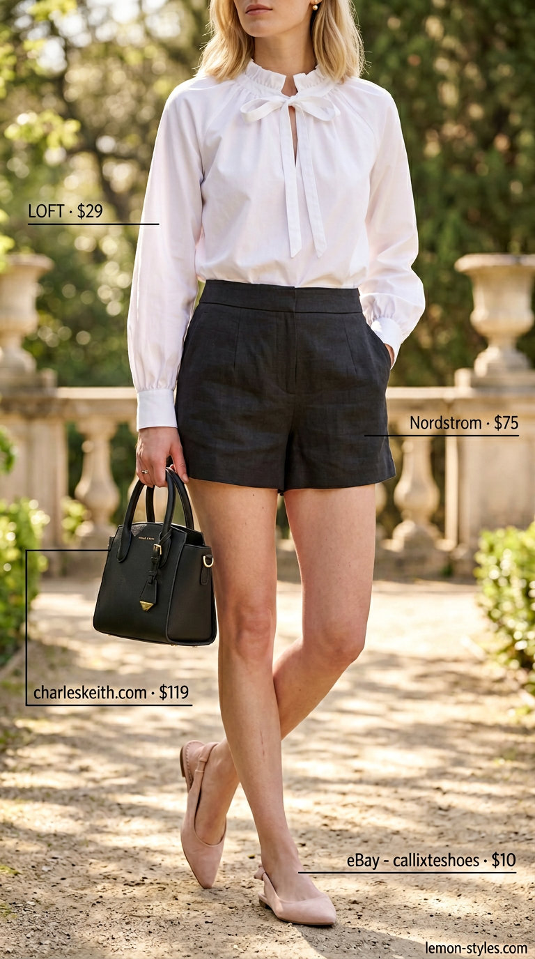 Feminine coquette summer outfits 2026: black shorts, pink bow flats, white pussy-bow blouse for brunch.