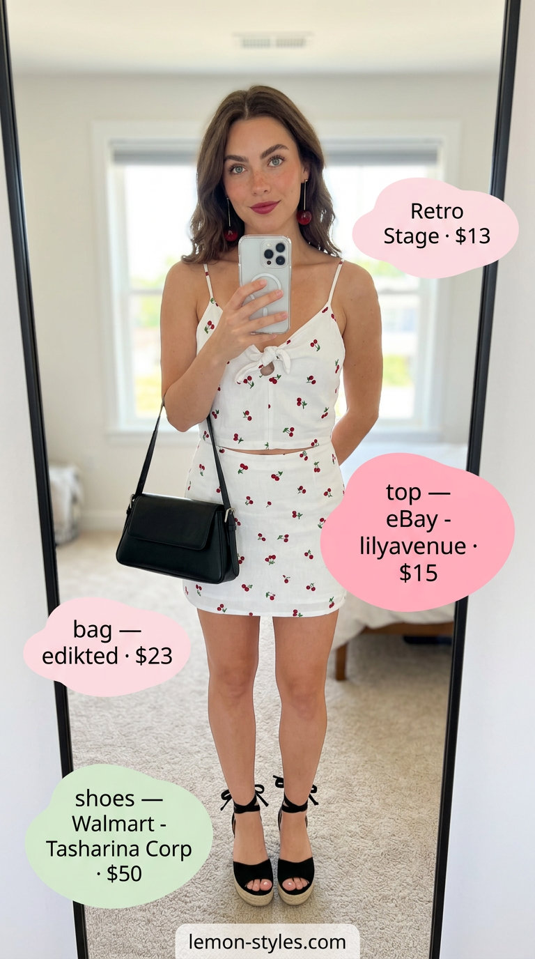 Feminine coquette summer outfits 2026: Cherry print set, espadrilles, and cherry earrings.