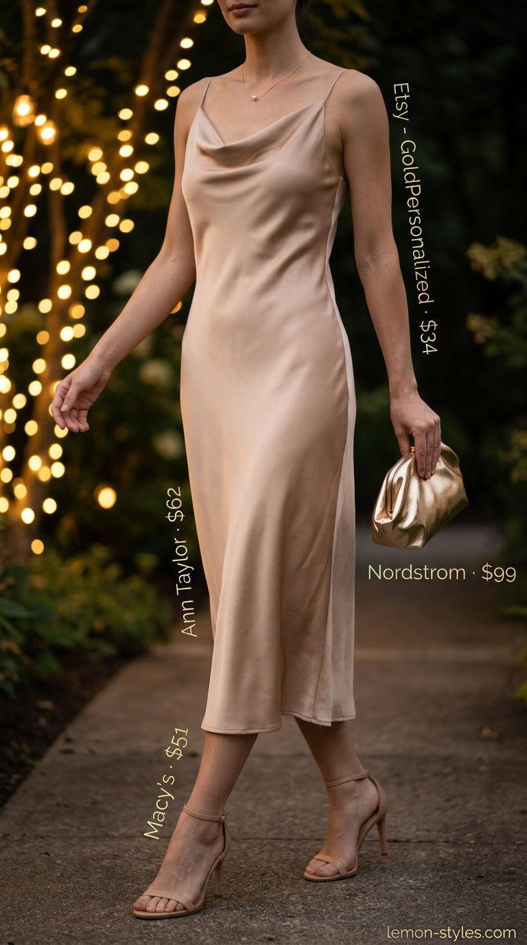 Feminine coquette summer outfit 2026: Cream slip dress, nude heels, gold clutch for a cocktail party.