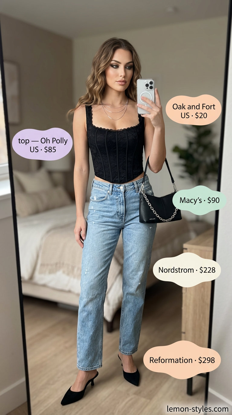 Feminine coquette summer outfits 2026: Corset top, jeans, and mules for an evening out.