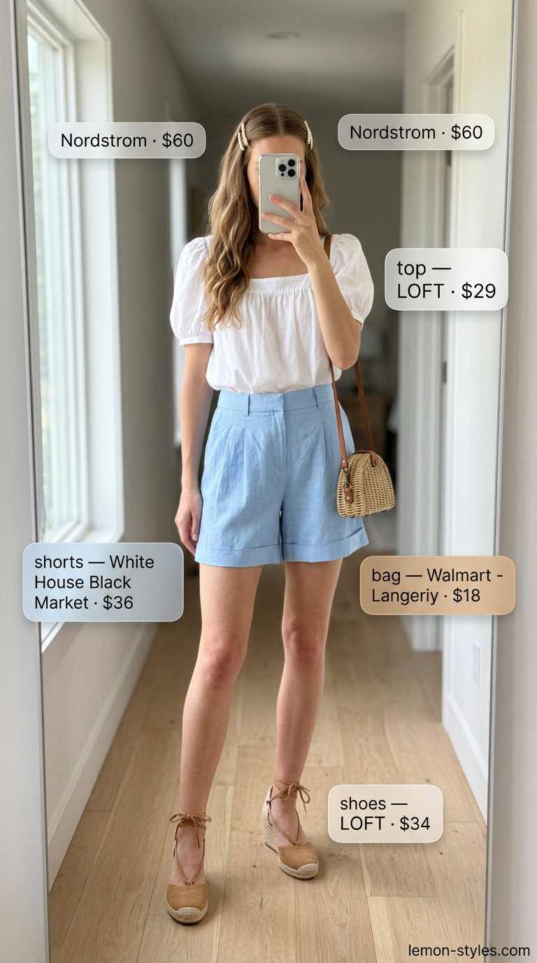 Feminine coquette summer outfit 2026: sky blue linen shorts, white eyelet blouse, tan espadrilles for a picnic.