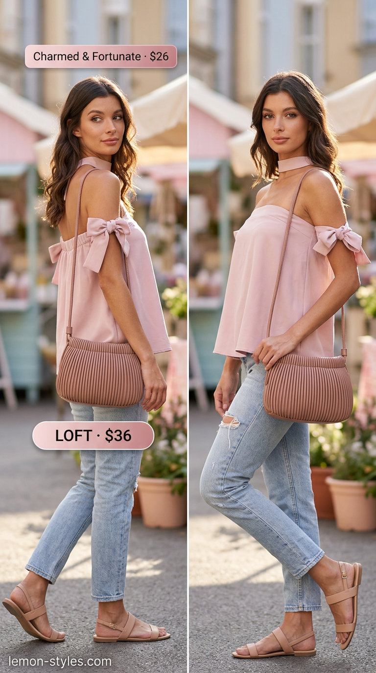 Feminine coquette summer outfit 2026: Denim skirt, dusty rose top, white sandals for a casual market.