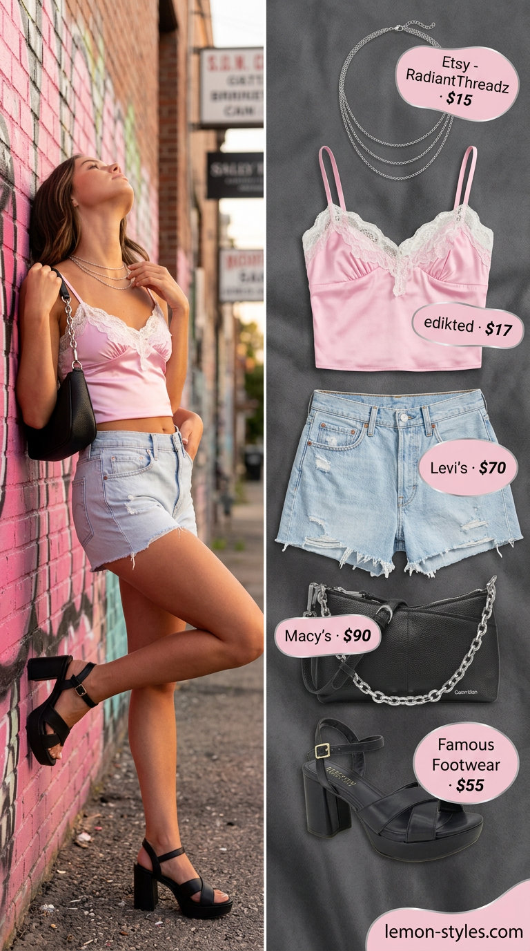 Feminine coquette summer outfits 2026: pink cami top, denim shorts, platform sandals for evening.