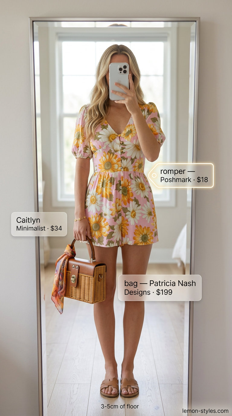 Feminine coquette summer outfit 2026: Floral romper, ivory espadrilles, and wicker basket bag for a garden party.