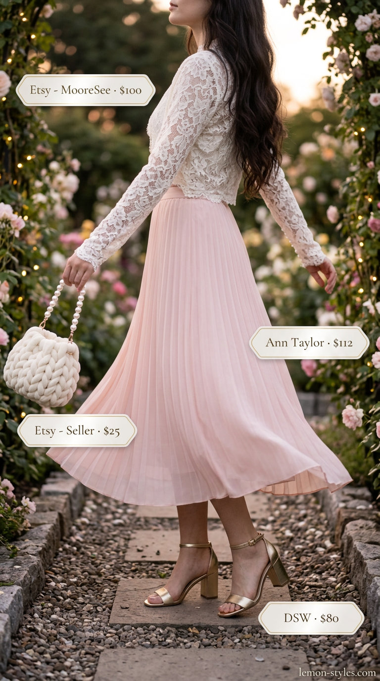 Feminine coquette summer outfits 2026: lace top, dusty rose skirt for romantic evenings.
