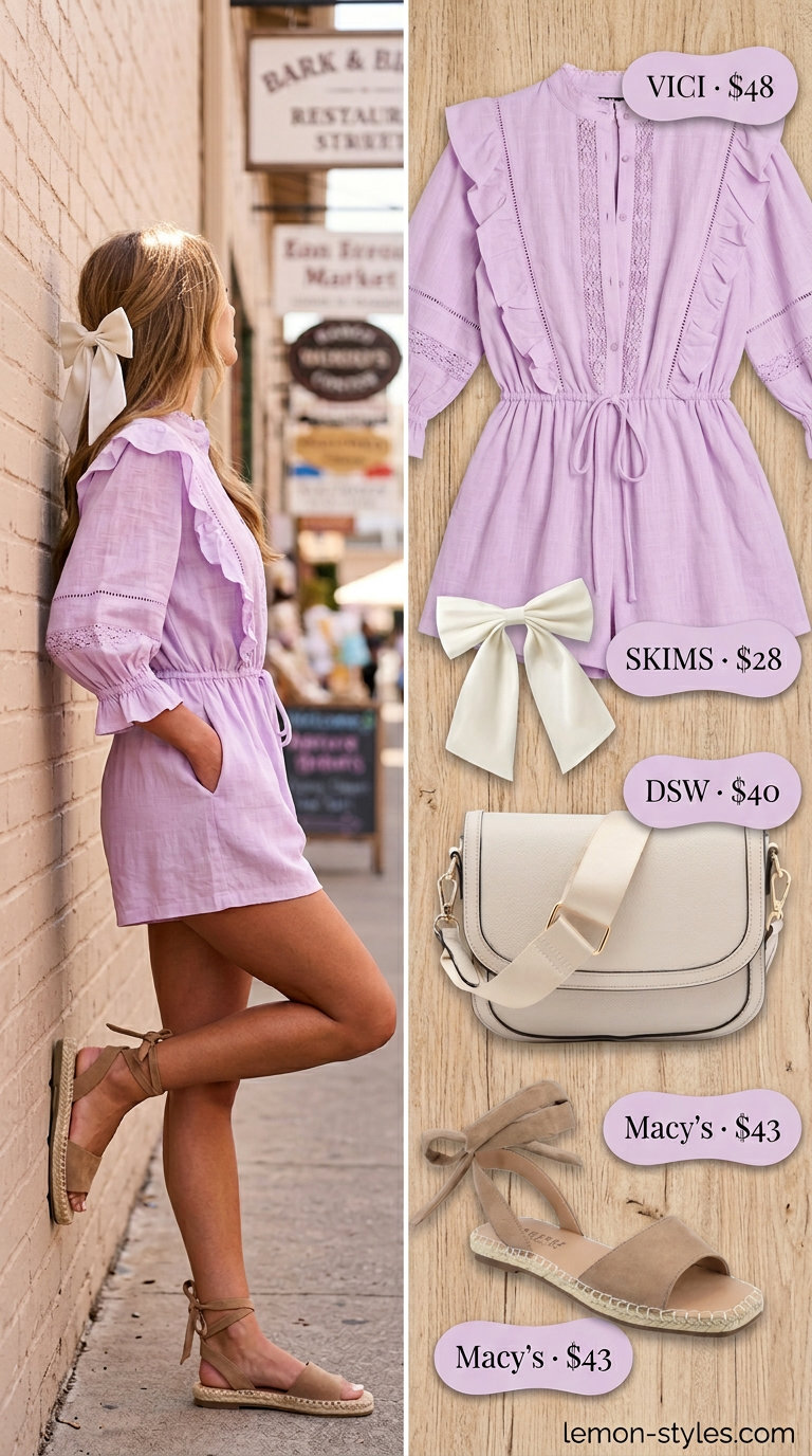 Feminine coquette summer outfits 2026: lavender romper, tan espadrilles for festivals.