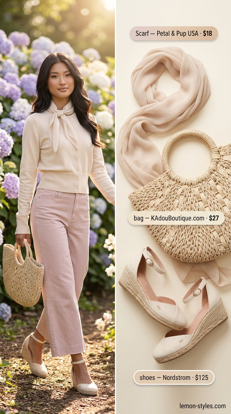 Feminine coquette summer outfits 2026: Lavender romper, espadrilles, and straw bag for a park picnic.