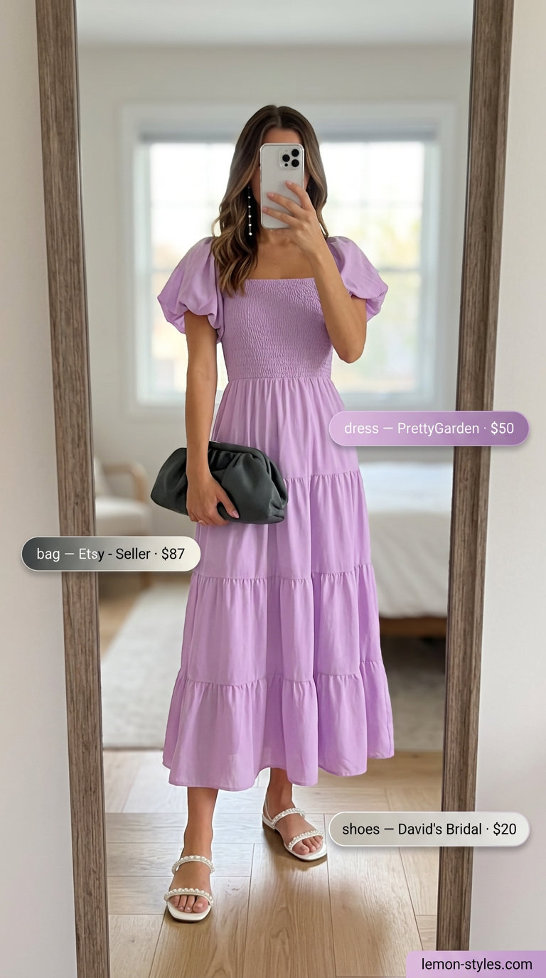 Feminine coquette summer outfits 2026: Lavender maxi dress, pearl sandals, and pearl earrings.