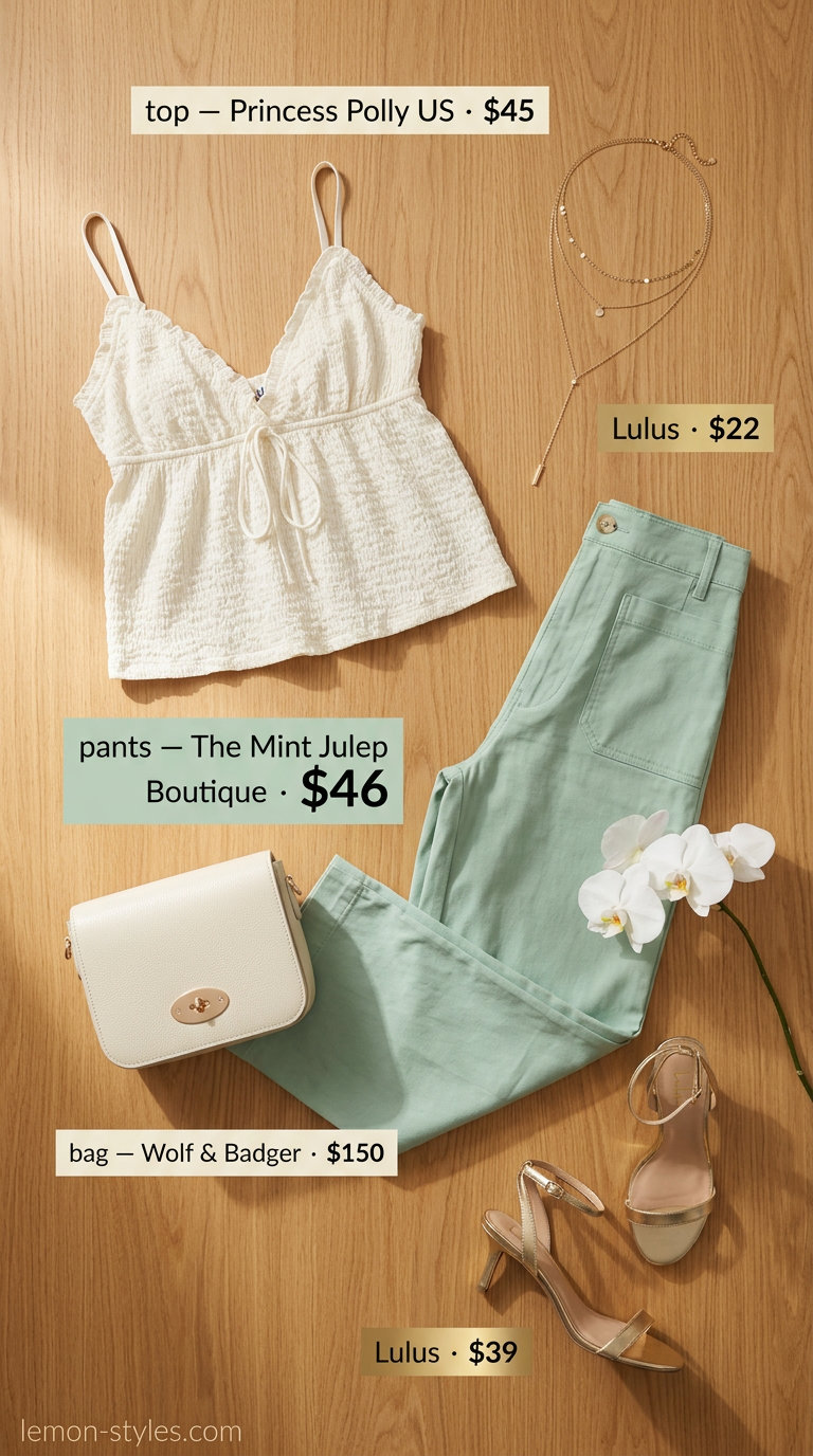 Feminine coquette summer outfit 2026: Mint green linen pants, cream camisole, gold sandals for evening.