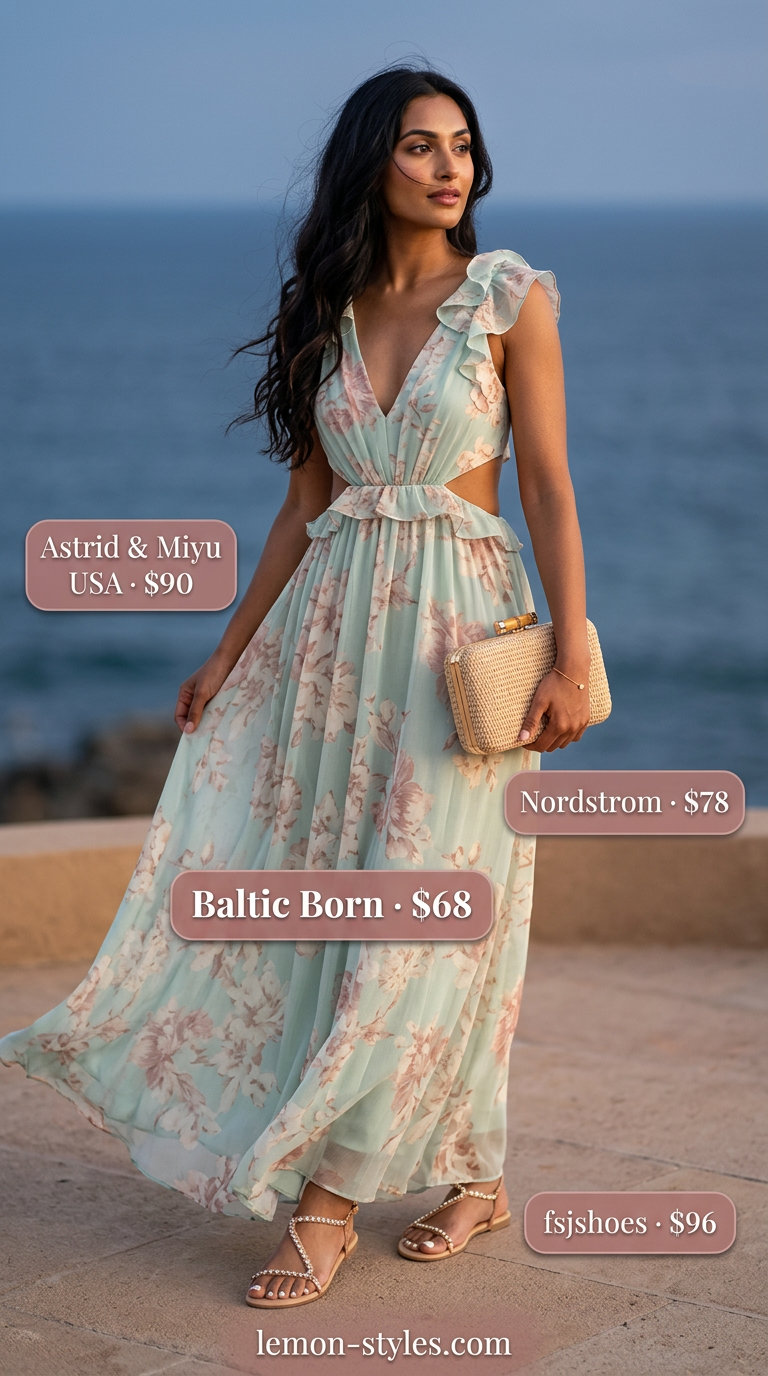 Feminine coquette summer outfits 2026: mint green maxi dress, rose gold sandals for resort wear.