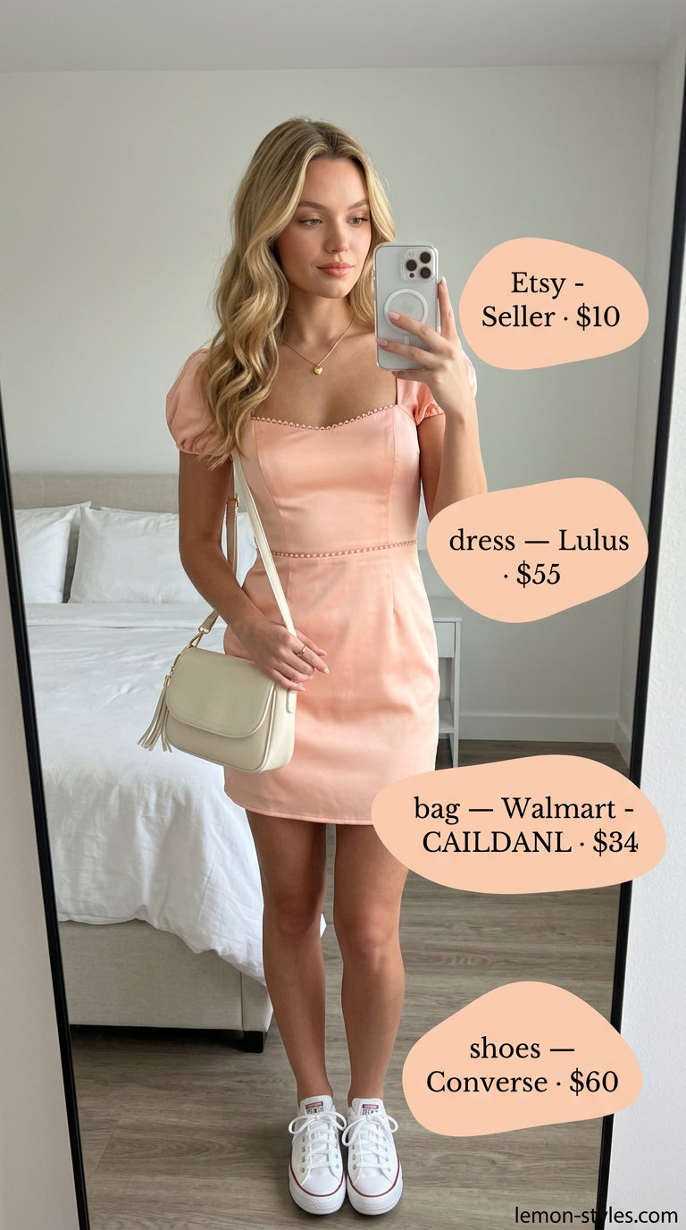 Feminine coquette summer outfits 2026: Peach babydoll dress, sneakers, and heart necklace.
