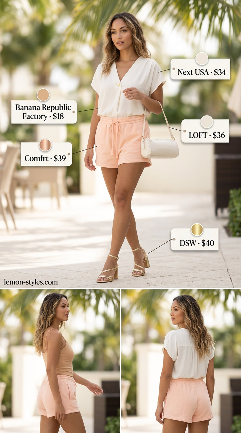 Feminine coquette summer outfit 2026: Peach shorts, ecru shirt, gold mules for a resort lunch.