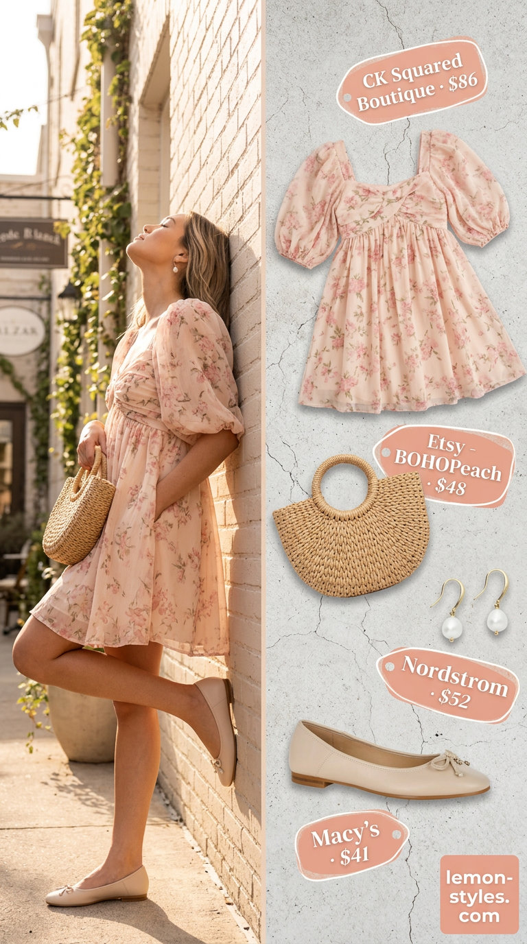 Feminine coquette summer outfits 2026: peach floral dress, straw bag for garden parties.