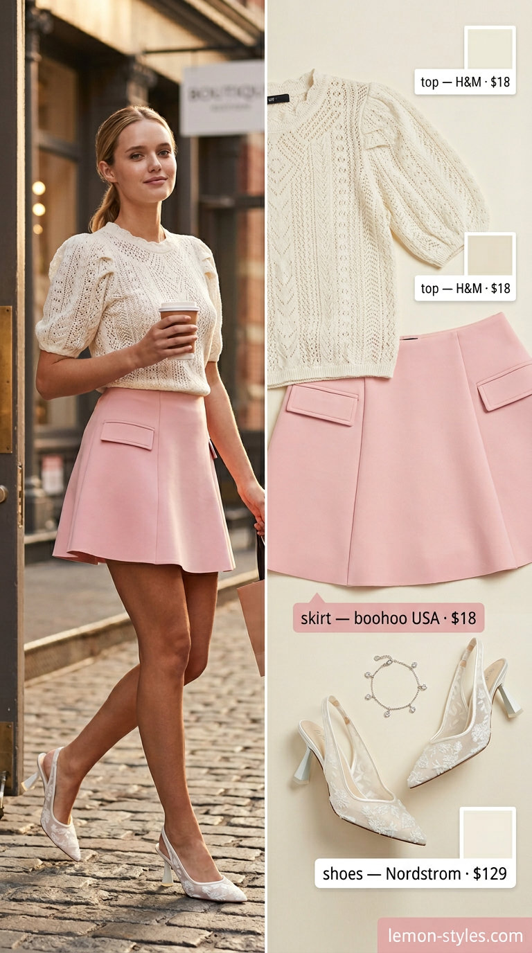 Feminine coquette summer outfit 2026: Pink mini skirt, cream knit top, ballet flats for a brunch date.