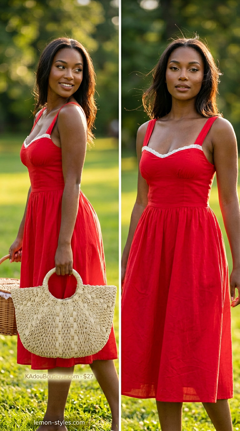 Feminine coquette summer outfit 2026: Strawberry red babydoll sundress, white sandals for a beach day.