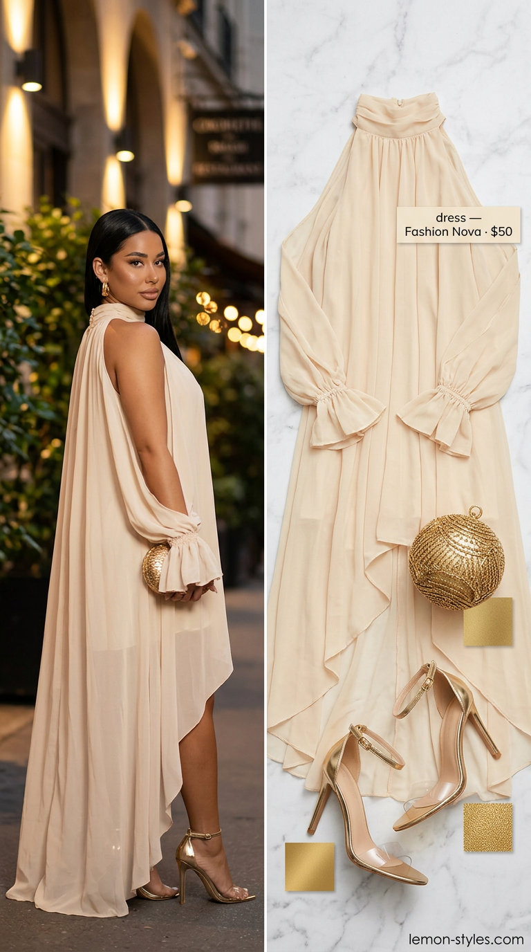 Feminine coquette summer outfit 2026: Cream slip dress, nude heels, pearl bag for a summer date.