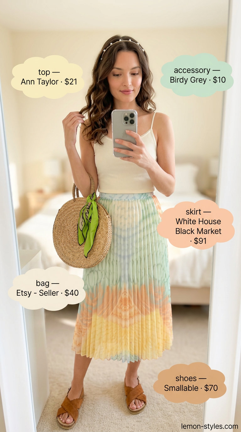 Feminine coquette summer outfits 2026: Pale yellow skirt, camisole, and straw bag for afternoon tea.