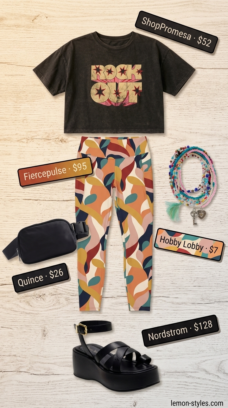 Flared legging outfits summer for women 2026: Abstract floral leggings, graphic tee, chunky sandals for festival.
