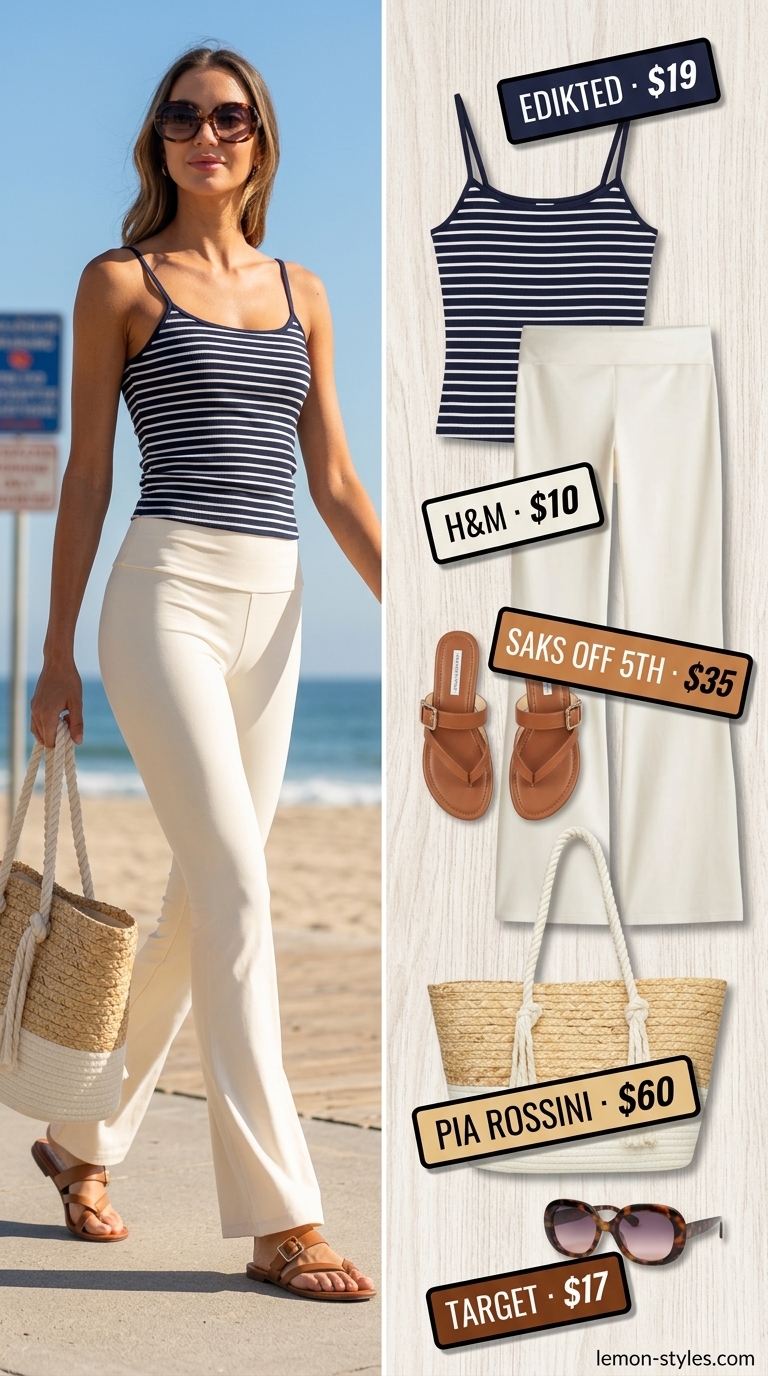 Flared legging outfits summer for women 2026: Cream leggings, navy stripe top, tan sandals for beach town errands.
